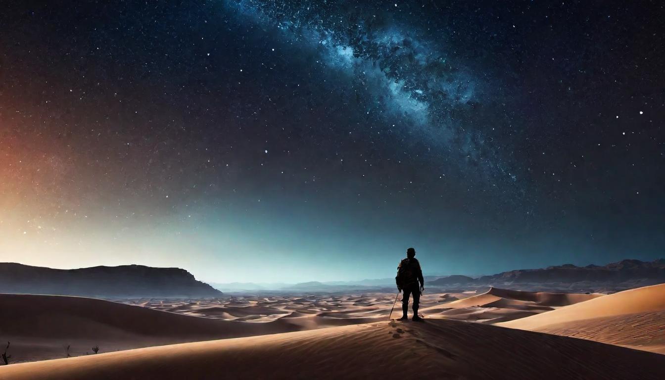  digital illustration, A desert expanse under a starry sky, a lone figure’s silhouette against the vastness, solitude, reflection, divine guidance, looking at viewer, dynamic pose, (intricate details, masterpiece, best quality)