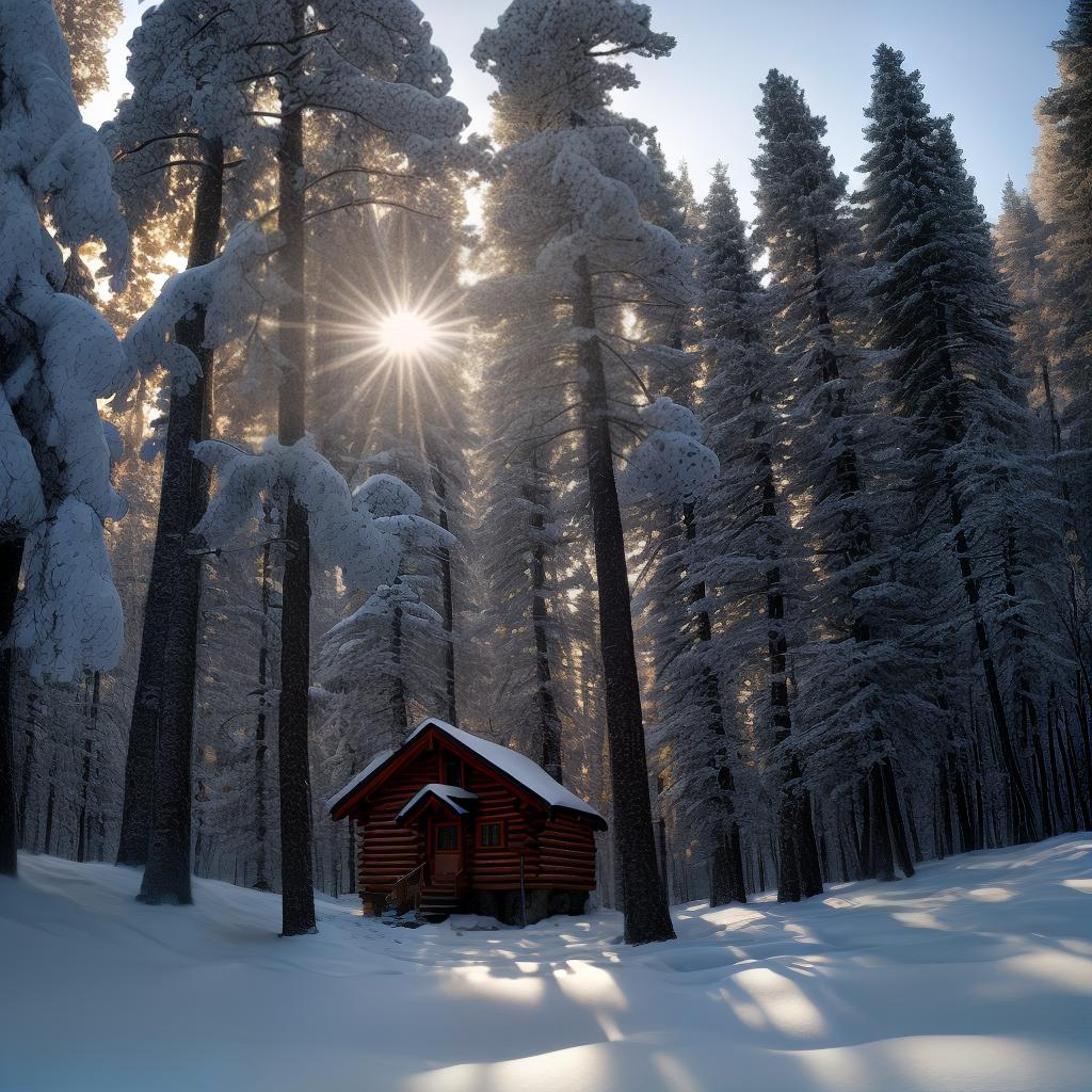  forest winter trees low small in snow coming snow snowflakes rotating sun shining cabin on mountain slope