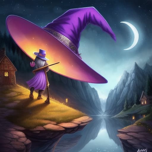  watercolor, storybook, Prompt: Picture a magical night sky littered with twinkling yellow stars and a glowing crescent moon. The backdrop of an idyllic small village with quaint homes, surrounded by beautiful hills, is visible from above. Flying high up in the sky is a wizard named Adam. Dressed in a violet wizard hat and riding a red broomstick, Adam surveys the land below. A sense of thrill and anticipation glistens in his eyes, reflecting the starlit night. Adam's hat is particularly special - it facilitates instantaneous travel to any desired destination. There's a silver charm, shaped like a small star, hanging from the hat. This charm, a token of gratitude from an elderly woman he helped, gleams under the moonlight, giving the hat a hyperrealistic, full body, detailed clothing, highly detailed, cinematic lighting, stunningly beautiful, intricate, sharp focus, f/1. 8, 85mm, (centered image composition), (professionally color graded), ((bright soft diffused light)), volumetric fog, trending on instagram, trending on tumblr, HDR 4K, 8K