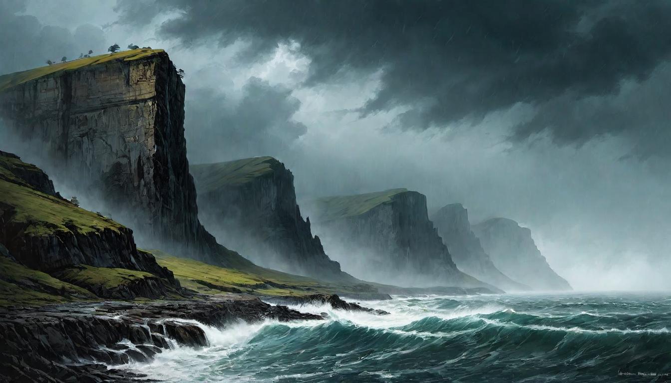  （surrealism)Rugged, weathered landscape, relentless rain beating down, jagged cliffs, harsh winds, primal, unyielding, resilient mystic, intricate details, best quality)