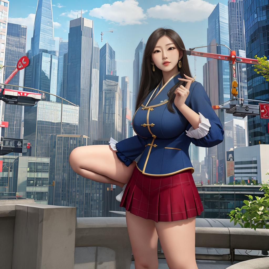  masterpiece, best quality, giantess, asian, busty, city