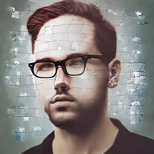 dublex style man wearing glasses, drawing motion holding pencil on the paper, half colored drawing on the paper, thinking on human nature inside, looks like puzzle pieces
