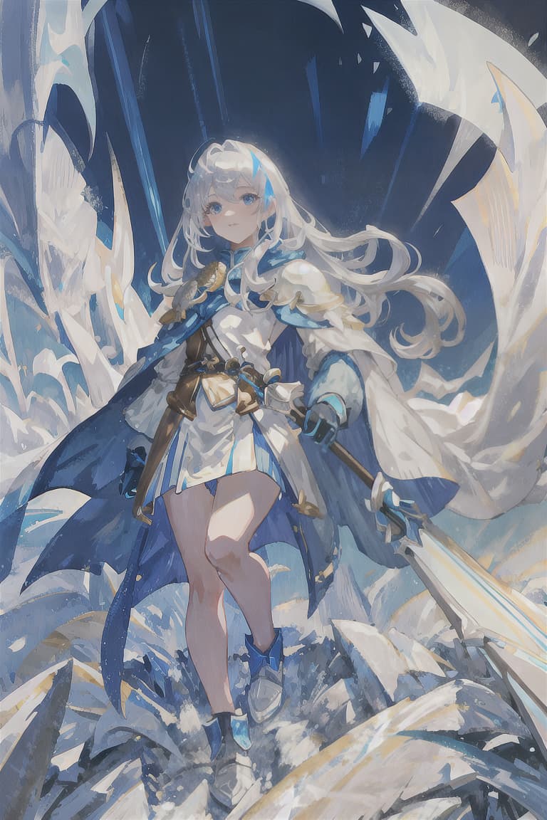  master piece , best quality,Silver hair, long hair, male, knight, blue lightning, white armor, bright light blue cape