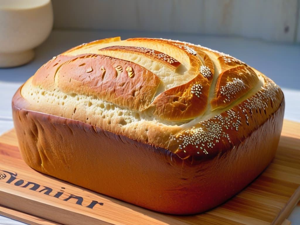  A closeup, ultradetailed image of a perfectly textured sourdough bread loaf, showing intricate patterns on the crust with visible air bubbles, placed on a rustic wooden cutting board. The lighting is soft, highlighting the goldenbrown hues of the crust, while the background is blurred to emphasize the bread's texture and craftsmanship. hyperrealistic, full body, detailed clothing, highly detailed, cinematic lighting, stunningly beautiful, intricate, sharp focus, f/1. 8, 85mm, (centered image composition), (professionally color graded), ((bright soft diffused light)), volumetric fog, trending on instagram, trending on tumblr, HDR 4K, 8K