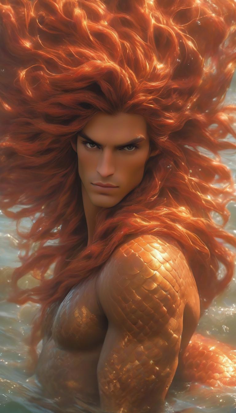  A drawing of a young man mermaid in full length, with a sunburnt bronze skin and long slightly wavy red hair, in which thin braids with beads and feathers can be seen. His human face is beautiful by human standards, with slender features, a pointed chin and slightly raised nose; large amber eyes, narrowed at the corners; bushy red eyelashes and thin brows intertwined. He has a strong and realistic body, like that of a professional swimmer. His mermaid tail is golden orange in color, in the style of fantasy art. hyperrealistic, full body, detailed clothing, highly detailed, cinematic lighting, stunningly beautiful, intricate, sharp focus, f/1. 8, 85mm, (centered image composition), (professionally color graded), ((bright soft diffused light)), volumetric fog, trending on instagram, trending on tumblr, HDR 4K, 8K