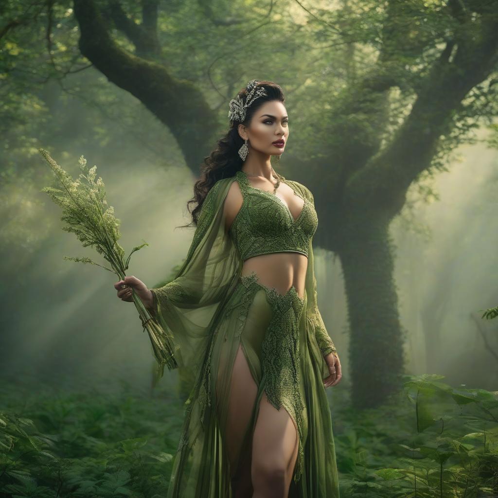  Goddess of the month of May, green forest in the background hyperrealistic, full body, detailed clothing, highly detailed, cinematic lighting, stunningly beautiful, intricate, sharp focus, f/1. 8, 85mm, (centered image composition), (professionally color graded), ((bright soft diffused light)), volumetric fog, trending on instagram, trending on tumblr, HDR 4K, 8K