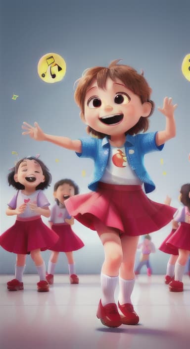  {Children singing and dancing with wide smiles and musical notes floating around them., Kids joyfully dancing and singing, showing their energy and happiness.