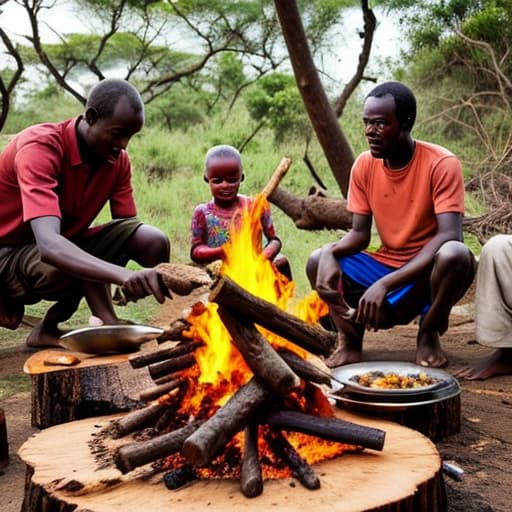  African family cooking food on fire wood