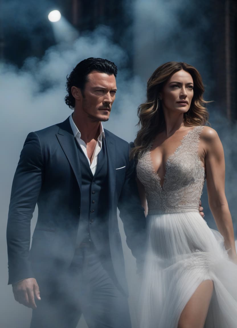  A love couple (FBI Tonkin and Luke Evans) hyperrealistic, full body, detailed clothing, highly detailed, cinematic lighting, stunningly beautiful, intricate, sharp focus, f/1. 8, 85mm, (centered image composition), (professionally color graded), ((bright soft diffused light)), volumetric fog, trending on instagram, trending on tumblr, HDR 4K, 8K