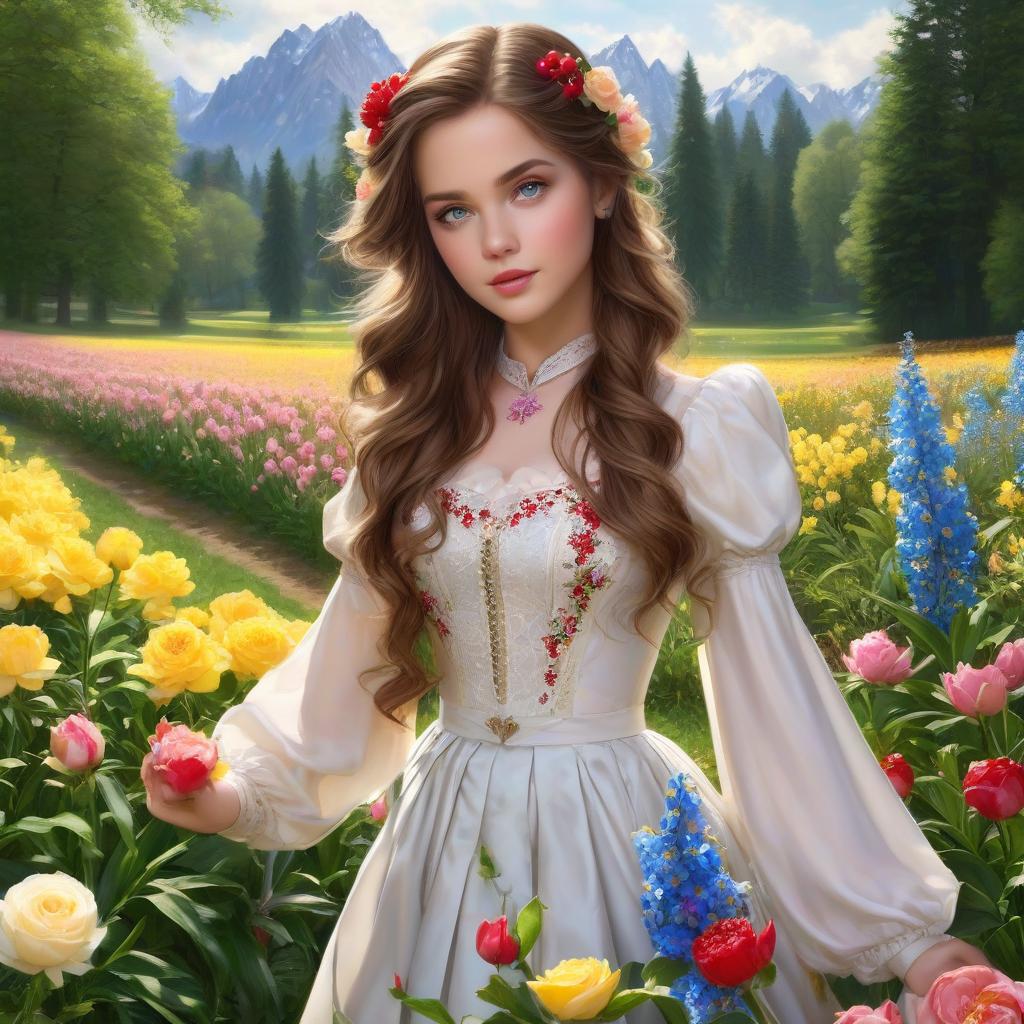  Neuschwanstein. A very pretty girl. Brown hair, blue eyes. Same eye size.((Sparkling rim)): spring field, hyacinths, roses, rosehips, rose hips, peonies, cherry tree, yellow, red, black flowers, forget me nots. hyperrealistic, full body, detailed clothing, highly detailed, cinematic lighting, stunningly beautiful, intricate, sharp focus, f/1. 8, 85mm, (centered image composition), (professionally color graded), ((bright soft diffused light)), volumetric fog, trending on instagram, trending on tumblr, HDR 4K, 8K