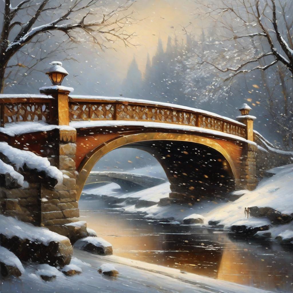  Masterpiece, best quality, snowflakes falling on a bridge