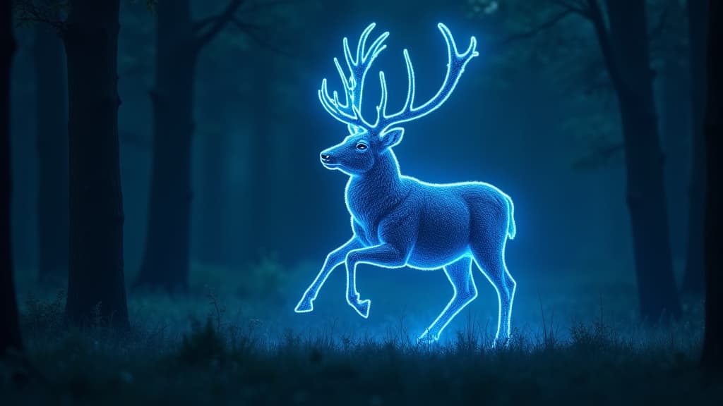  good quality, high quality, a glowing blue stag leaping through a forest