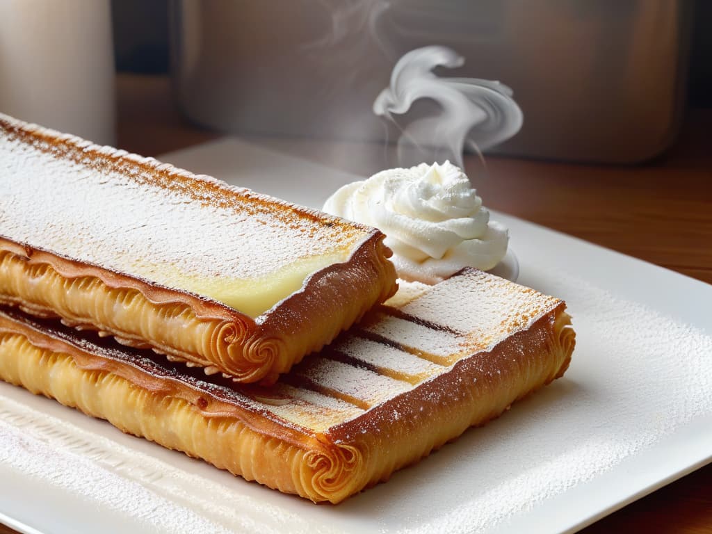  An ultradetailed closeup image of a goldenbrown churro being freshly fried in bubbling oil, capturing the moment when it reaches the perfect level of crispiness. The churro is dusted with a light sprinkle of powdered sugar, and the texture of its ridges and the slight glistening of the sugar granules are incredibly sharp and clear. The contrast between the crispy exterior and the soft, fluffy interior is evident, with wisps of steam rising delicately from the churro, creating a mouthwatering visual that perfectly illustrates the balance between crunchiness and softness in fried pastries. hyperrealistic, full body, detailed clothing, highly detailed, cinematic lighting, stunningly beautiful, intricate, sharp focus, f/1. 8, 85mm, (centered image composition), (professionally color graded), ((bright soft diffused light)), volumetric fog, trending on instagram, trending on tumblr, HDR 4K, 8K