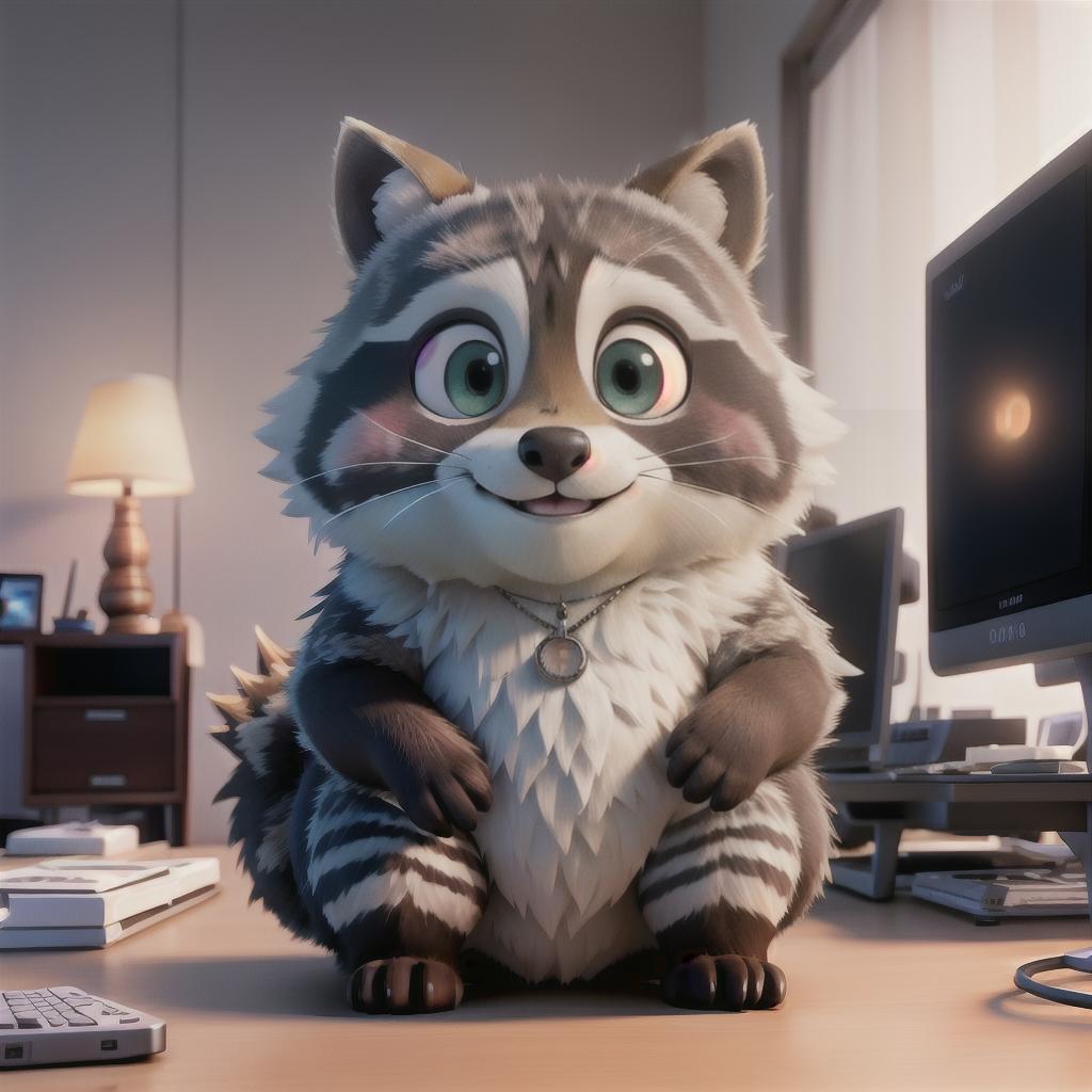  raccoon sitting in gaming chair front a computer on desktop, ((semi anthropomorphic)),(full body), tail, belly, sitting, fat, (chubby), (((white background))), solo, desktop, gaming chair, side view,  [[[clothes]]] hyperrealistic, full body, detailed clothing, highly detailed, cinematic lighting, stunningly beautiful, intricate, sharp focus, f/1. 8, 85mm, (centered image composition), (professionally color graded), ((bright soft diffused light)), volumetric fog, trending on instagram, trending on tumblr, HDR 4K, 8K