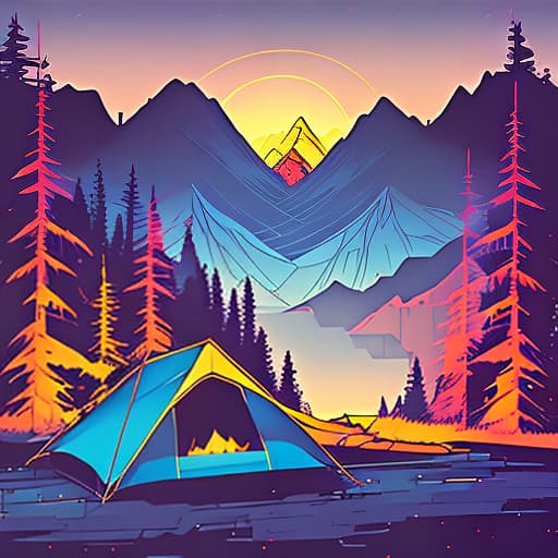 nvinkpunk Whimsical mountains with trees, camping tent and campfire