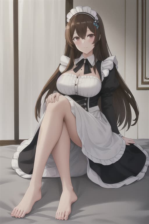  (score 9,score 8 up,score 7 up,),1girl,solo,maid,maid headdress,looking at viewer,apron,brown hair,indoors,black hair,bare foot,feet focus,two feet hyperrealistic, full body, detailed clothing, highly detailed, cinematic lighting, stunningly beautiful, intricate, sharp focus, f/1. 8, 85mm, (centered image composition), (professionally color graded), ((bright soft diffused light)), volumetric fog, trending on instagram, trending on tumblr, HDR 4K, 8K