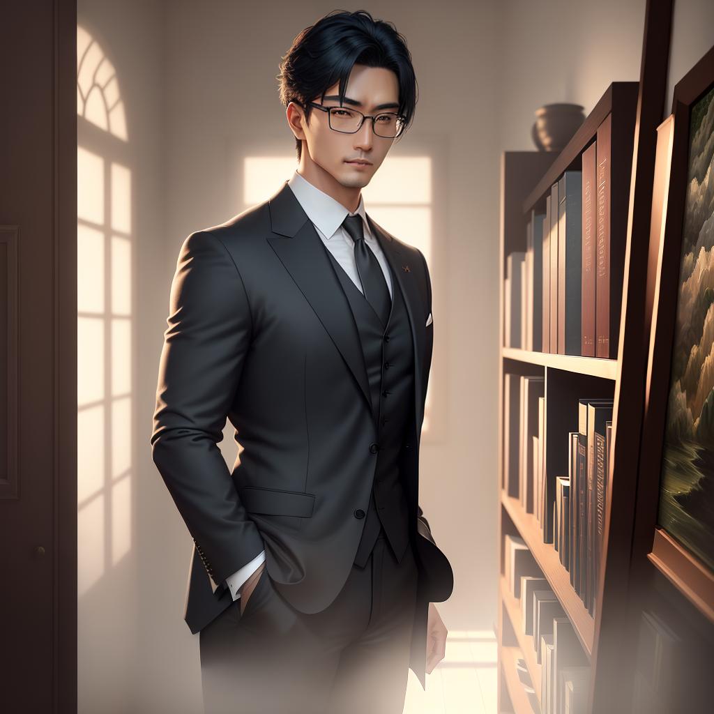  ((Masterpiece)), (((best quality))), 8k, high detailed, ultra-detailed. Songwen Chen portrait, a young man with a serious expression. He is wearing a black suit and tie, with (glasses) perched on his nose. The background consists of a dimly lit room with (books) lining the shelves and a (painting) of a serene landscape hanging on the wall. The lighting is soft, with a gentle (spotlight) illuminating the subject's face. The colors in the painting are vibrant, contrasting with the muted tones of the room. Resolution: 7680x4320. hyperrealistic, full body, detailed clothing, highly detailed, cinematic lighting, stunningly beautiful, intricate, sharp focus, f/1. 8, 85mm, (centered image composition), (professionally color graded), ((bright soft diffused light)), volumetric fog, trending on instagram, trending on tumblr, HDR 4K, 8K