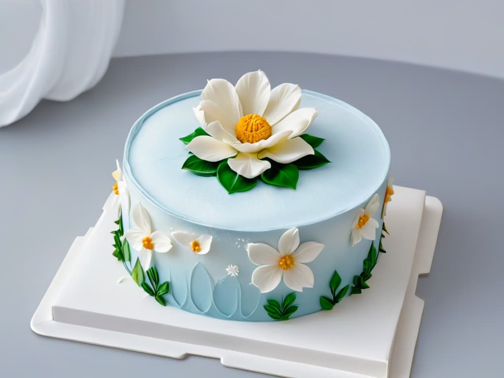  A closeup, ultradetailed image of a perfectly crafted, intricate sugar flower delicately placed on a glossy, minimalist white cake. The flower showcases each delicate petal and intricate detail, while the cake's smooth surface reflects the light, emphasizing the precision and artistry of the dessert. hyperrealistic, full body, detailed clothing, highly detailed, cinematic lighting, stunningly beautiful, intricate, sharp focus, f/1. 8, 85mm, (centered image composition), (professionally color graded), ((bright soft diffused light)), volumetric fog, trending on instagram, trending on tumblr, HDR 4K, 8K