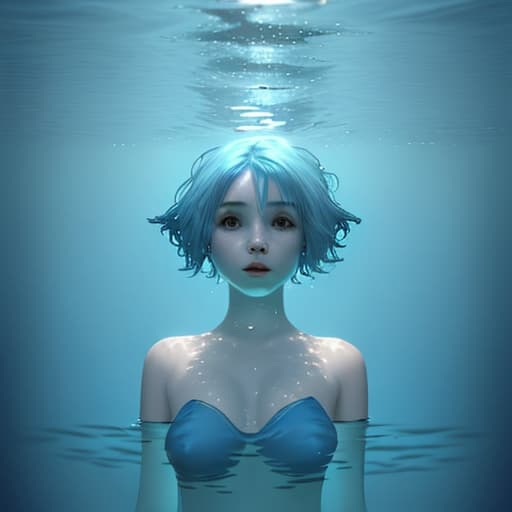  A girl under water with short blue hair no reaciton