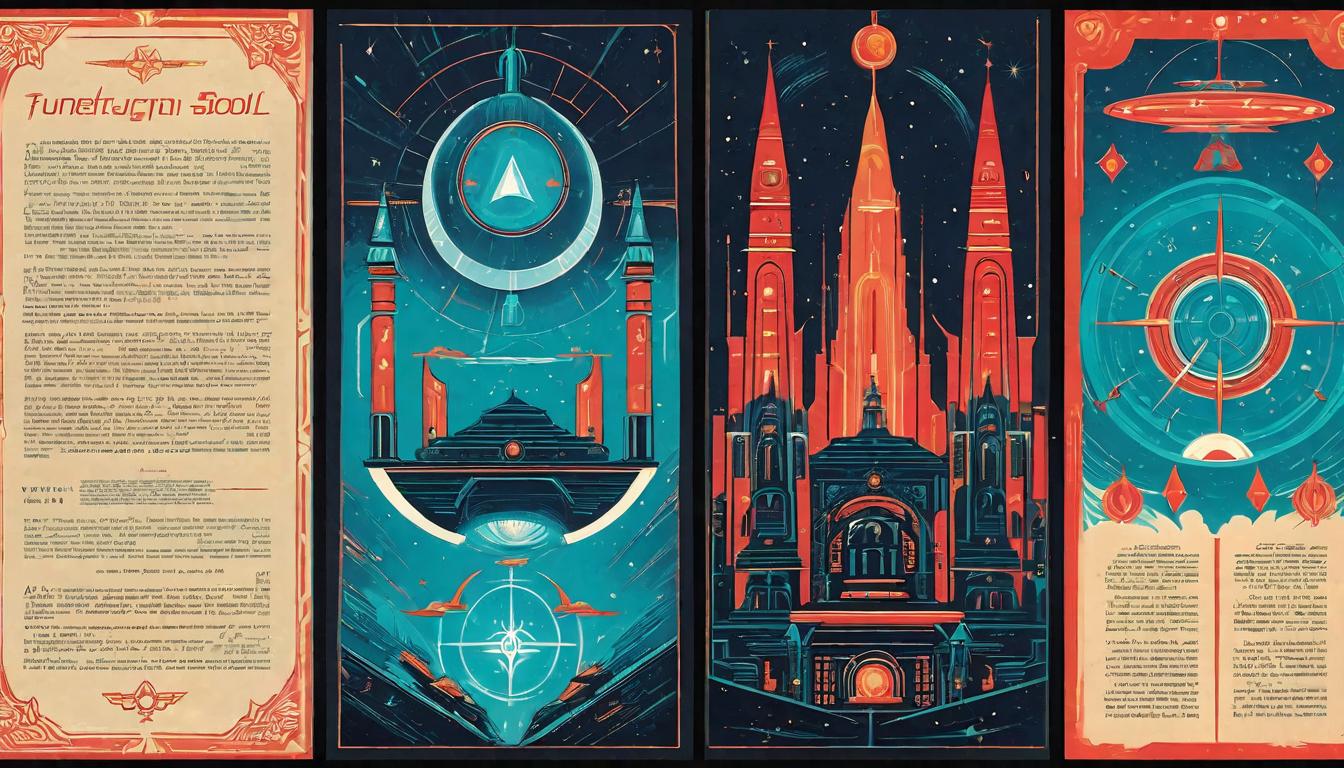  retro futuristic ancient scrolls with prophecies, glowing symbols, mystical ambiance, revelation, profound lvintage sci fi, 50s and 60s style, atomic age, vibrant, highly detailed