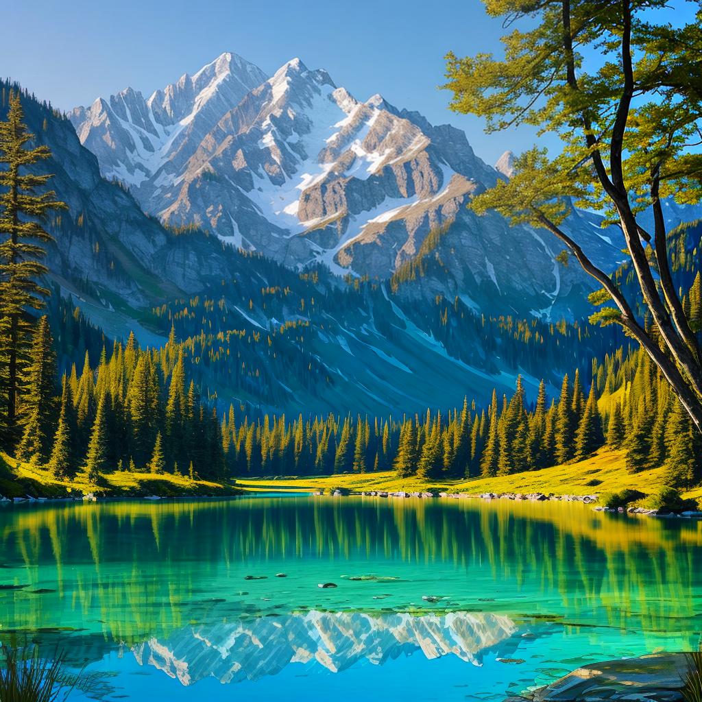  as a painting, Convey the serene majesty of towering mountains reflected in the crystal-clear waters of a tranquil alpine lake, using your unique artistic vision to evoke a sense of awe and tranquility.