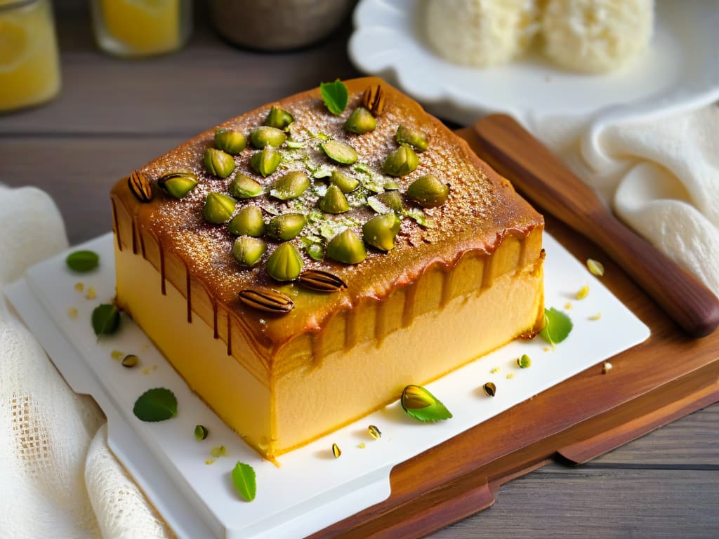  An image of a perfectly baked Basbousa cake, featuring a goldenbrown crust sprinkled with crushed pistachios and a light drizzle of honey glaze, placed on a rustic wooden table with a few scattered rose petals as decoration. The cake is cut into squares, showcasing the moist texture and nutty crumb, inviting the viewer to indulge in this Middle Eastern dessert delight. hyperrealistic, full body, detailed clothing, highly detailed, cinematic lighting, stunningly beautiful, intricate, sharp focus, f/1. 8, 85mm, (centered image composition), (professionally color graded), ((bright soft diffused light)), volumetric fog, trending on instagram, trending on tumblr, HDR 4K, 8K