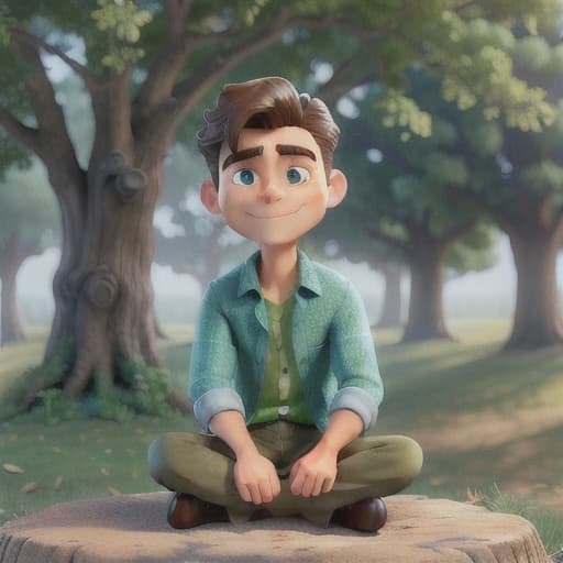  Man sitting under oak tree, 3D Style, rendering hyperrealistic, full body, detailed clothing, highly detailed, cinematic lighting, stunningly beautiful, intricate, sharp focus, f/1. 8, 85mm, (centered image composition), (professionally color graded), ((bright soft diffused light)), volumetric fog, trending on instagram, trending on tumblr, HDR 4K, 8K
