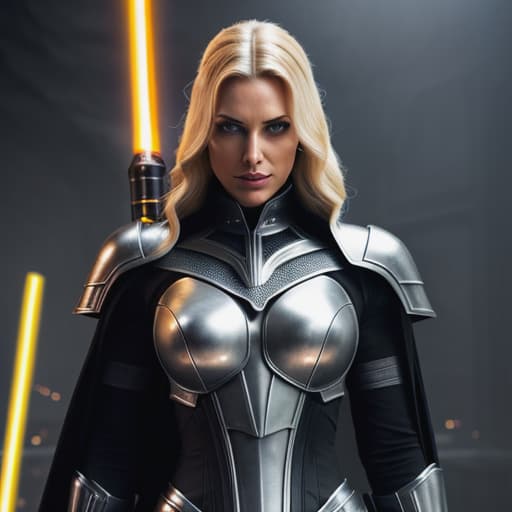  /send image blonde sith with yellow eyes and yellow lightsaber, black armorIn this visually striking scene, we find ourselves amidst the underground realm of an ancient Sith sanctum, where flickering torchlight dances off glistening walls adorned with cryptic symbols from their dark history. The centerpiece of this atmospheric image is a formidable female figure cloaked in black armor that radiates power and elegance. This state-of-the-art armour hugs her curves sensuously while intricate silver accents provide contrast against the sleek jet black exterior - gleaming enticingly in every direction as she moves stealthily through shadows cast by dancing torch flames. She is a blonde sith warrior armed with a mesmerizing yellow double-bladed l hyperrealistic, full body, detailed clothing, highly detailed, cinematic lighting, stunningly beautiful, intricate, sharp focus, f/1. 8, 85mm, (centered image composition), (professionally color graded), ((bright soft diffused light)), volumetric fog, trending on instagram, trending on tumblr, HDR 4K, 8K