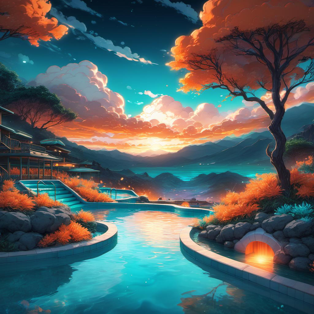  Hot Springs, Thermal Pools, clouds, vivid, highly detailed, anime style, hand-drawn, combined with digital art, night, whimsical, (enchanting atmosphere:1.1), warm lighting , depth of field, Wacom Cintiq, Adobe Photoshop, 300 DPI, (hdr:1.2), teal and orange