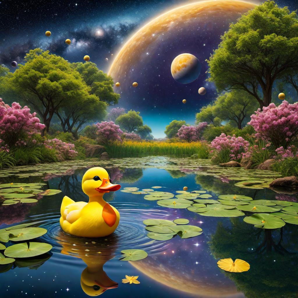  A yellow duck in a pond looking up into space with an abundance of stars, moons, planets, vibrant colors, happy, and surrealism style. The sky is the main focus, filled with countless stars, moons, and planets, creating a breathtaking cosmic scene. The colors are vivid and vibrant, enhancing the surrealism of the image. hyperrealistic, full body, detailed clothing, highly detailed, cinematic lighting, stunningly beautiful, intricate, sharp focus, f/1. 8, 85mm, (centered image composition), (professionally color graded), ((bright soft diffused light)), volumetric fog, trending on instagram, trending on tumblr, HDR 4K, 8K