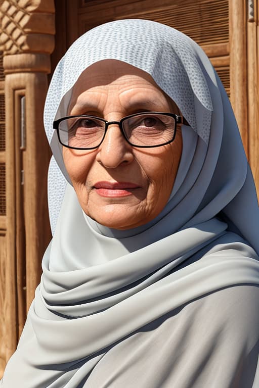  Generate an Hd quality image of an Arabian grandmother wearing Hijab and glasses. The photo should capture her from the front, highlighting her traditional attire and reflecting the cultural essence of the Arabs region.