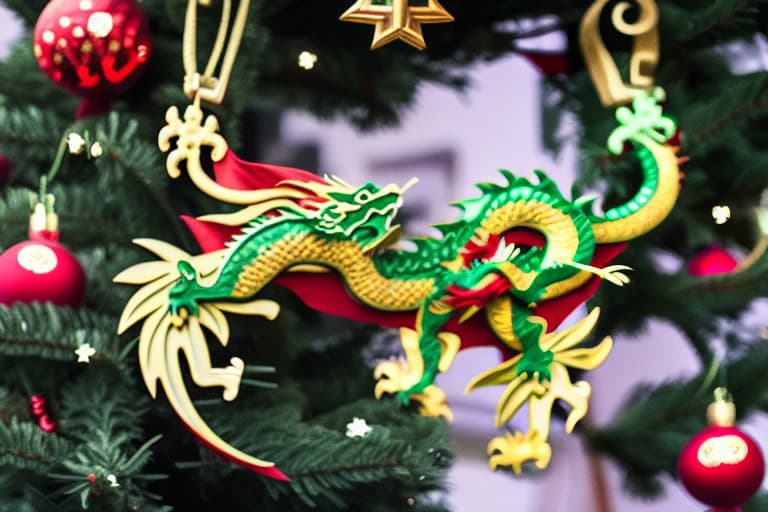  A nine claw Chinese dragon on a Christmas tree with a phoenix flying above