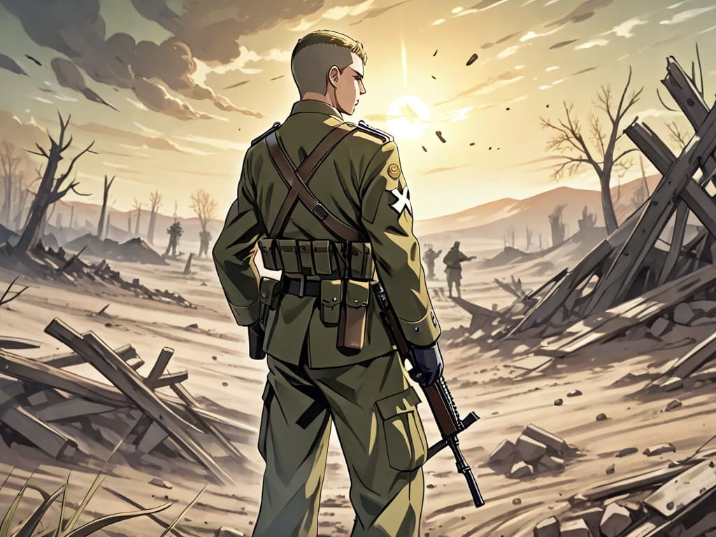  anime style artwork, (masterpiece:1.1), (highest quality:1.1), A stoic German soldier, dressed in his olive green uniform and adorned with the Iron Cross, stands at attention in the midst of a barren, war torn landscape. The sun beats down mercilessly, casting long shadows across the desolate terrain. The soldier's face is etched with the hardships of war, his eyes fixed on the horizon, scanning for any signs of enemy movement. The sound of gunfire echoes in the distance, a constant reminder of the brutal conflict that rages on around him. The soldier's hands clench his rifle tightly, his resolve unwavering as he prepares to defend his country against all odds., anime style, key visual, vibrant, studio anime, highly detailed