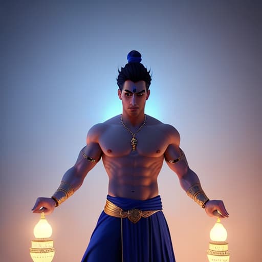  A genie Aladdin, appearing from the lamp hyperrealistic, full body, detailed clothing, highly detailed, cinematic lighting, stunningly beautiful, intricate, sharp focus, f/1. 8, 85mm, (centered image composition), (professionally color graded), ((bright soft diffused light)), volumetric fog, trending on instagram, trending on tumblr, HDR 4K, 8K