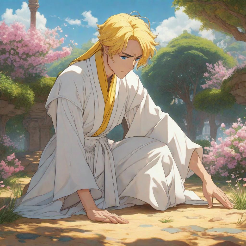  A young man with yellow hair and blue eyes, wearing a white abaya, placing his hand on the ground., anime concept art by Hayao Miyazaki, featured on pixiv, fantasy art, concept art, official art, high detailed hyperrealistic, full body, detailed clothing, highly detailed, cinematic lighting, stunningly beautiful, intricate, sharp focus, f/1. 8, 85mm, (centered image composition), (professionally color graded), ((bright soft diffused light)), volumetric fog, trending on instagram, trending on tumblr, HDR 4K, 8K