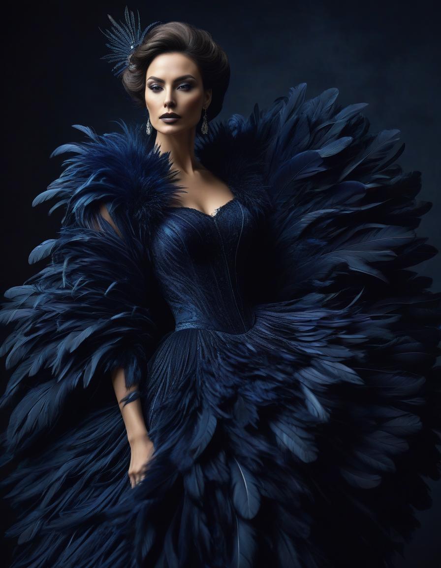  surrealist art Portrait of a beautiful in a dark blue velvet Lorrain dress, on beautiful hair adorned with soft feathers of dark blue colour . dreamlike, mysterious, , symbolic, intricate, detailed hyperrealistic, full body, detailed clothing, highly detailed, cinematic lighting, stunningly beautiful, intricate, sharp focus, f/1. 8, 85mm, (centered image composition), (professionally color graded), ((bright soft diffused light)), volumetric fog, trending on instagram, trending on tumblr, HDR 4K, 8K