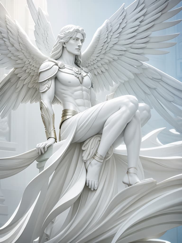  A winged Man statue made of white marble as a superhero hyperrealistic, full body, detailed clothing, highly detailed, cinematic lighting, stunningly beautiful, intricate, sharp focus, f/1. 8, 85mm, (centered image composition), (professionally color graded), ((bright soft diffused light)), volumetric fog, trending on instagram, trending on tumblr, HDR 4K, 8K