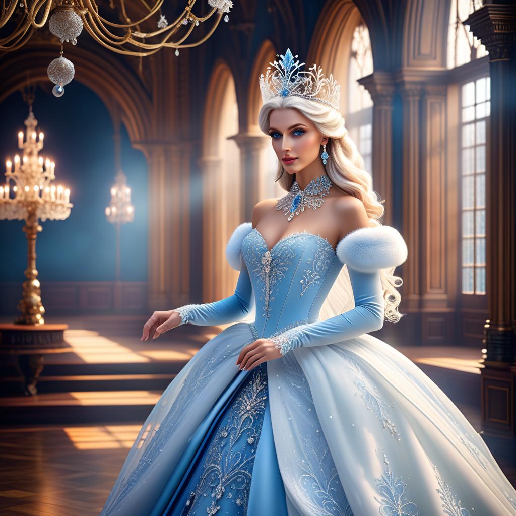  ethereal fantasy concept art of (Ballroom interior: Renaissance, Baroque style). Couples waltzing round the hall. (Floor and walls): decorated with snowy intricate pattern of blue, white, silver snowflakes. There are openwork curtains of frost on the windows. (Candleholders made of ice crystals). The candles are white and blue in colour. (Snow Queen) Dressed in a domino style dress of silver blue colour. Around her snowflakes are circling in pairs. (Half mask Columbine) A mask covering only part of the face. Mask decorations: with snowflake pattern, colour: white, blue, pearl and cream, jewels, Venetian lace, rhinestones, beads. . magnificent, celestial, ethereal, painterly, epic, majestic, magical, fantasy art, cover art, dreamy hyperrealistic, full body, detailed clothing, highly detailed, cinematic lighting, stunningly beautiful, intricate, sharp focus, f/1. 8, 85mm, (centered image composition), (professionally color graded), ((bright soft diffused light)), volumetric fog, trending on instagram, trending on tumblr, HDR 4K, 8K