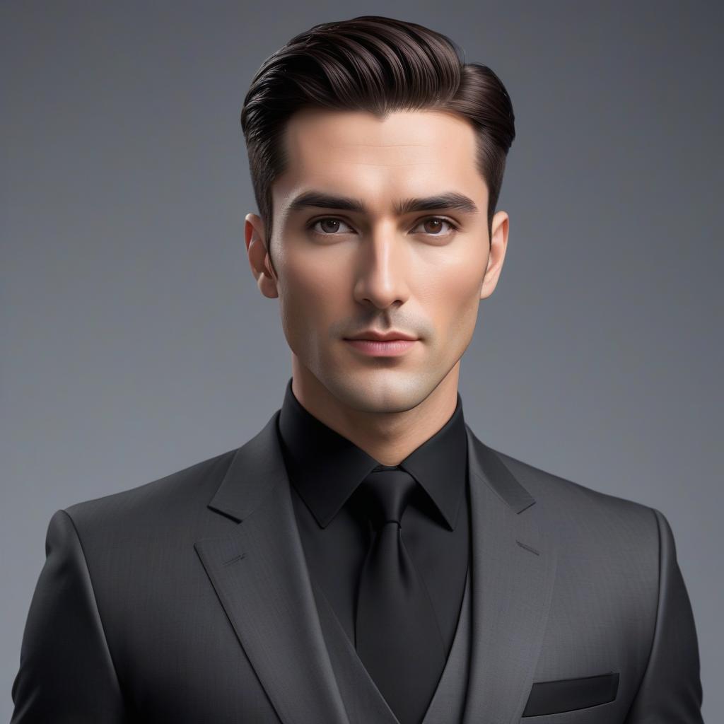  Man: Rectangular face. Round almond shaped, black eyes. Almost erected straight nose. Slightly plump straight lips, thick neat eyebrows. Short Canadian hairstyle, color of balsam: He can wear a black suit on him. hyperrealistic, full body, detailed clothing, highly detailed, cinematic lighting, stunningly beautiful, intricate, sharp focus, f/1. 8, 85mm, (centered image composition), (professionally color graded), ((bright soft diffused light)), volumetric fog, trending on instagram, trending on tumblr, HDR 4K, 8K