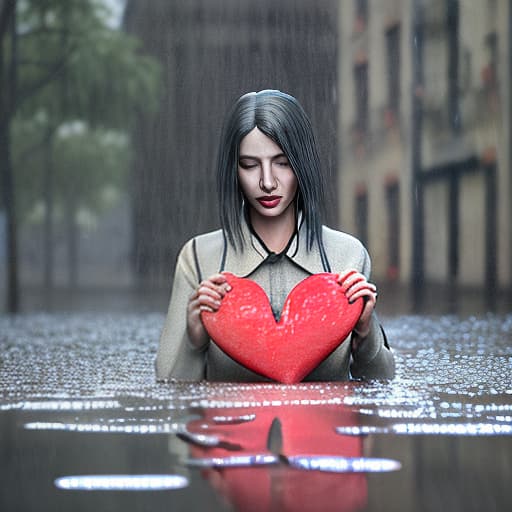 redshift style A sad woman standing in a rain puddle crying, holding a heart in hand