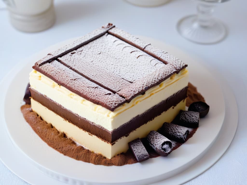  A stunning highresolution image of a simple, elegant tiramisú dessert presented on a white plate, showcasing the layers of creamy mascarpone, coffeesoaked ladyfingers, and a dusting of cocoa powder on top. The lighting is soft, highlighting the textures and creating a visually appetizing aesthetic. hyperrealistic, full body, detailed clothing, highly detailed, cinematic lighting, stunningly beautiful, intricate, sharp focus, f/1. 8, 85mm, (centered image composition), (professionally color graded), ((bright soft diffused light)), volumetric fog, trending on instagram, trending on tumblr, HDR 4K, 8K