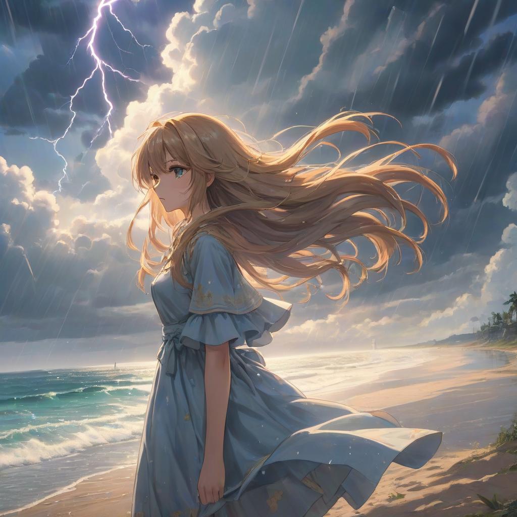  anime artwork , anime style, with long hair, bright sunny weather, summer dress blown by the wind, standing far away facing the ocean, gloomy expression, detailed face, around sand, soft lighting, nostalgic atmosphere, vignette effect, anime style, side view, looking at the ocean, in her hands a camera, everywhere rain and wind, but through the clouds, sunlight is visible, extremely strong storm, almost nothing can be seen, raging storm, barely stays on her feet due to strong wind, dark clouds, huge lightning. . anime style, key visual, vint, studio anime, highly detailed hyperrealistic, full body, detailed clothing, highly detailed, cinematic lighting, stunningly beautiful, intricate, sharp focus, f/1. 8, 85mm, (centered image composition), (professionally color graded), ((bright soft diffused light)), volumetric fog, trending on instagram, trending on tumblr, HDR 4K, 8K