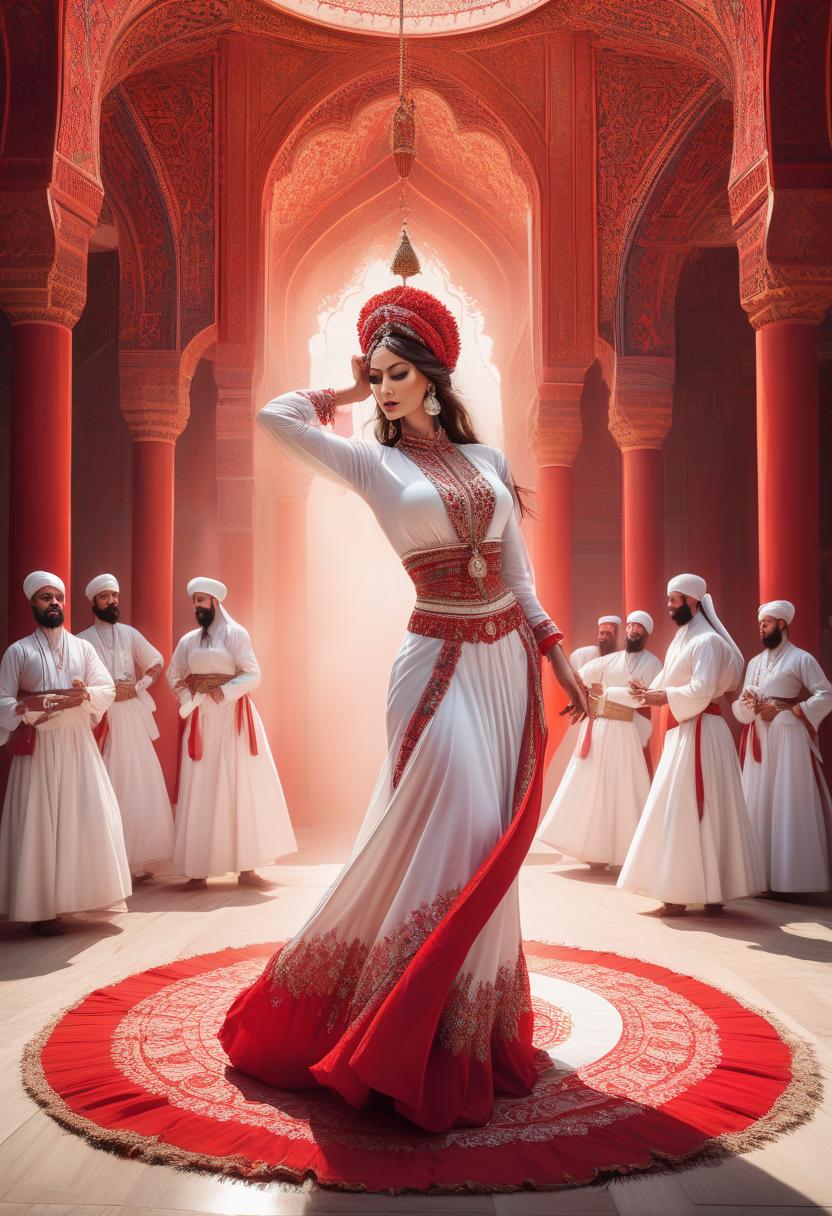  psychedelic style the art of the artist Vereshchagin, lady in white and red, oriental dance in the style of dervishes . vibrant colors, swirling patterns, abstract forms, surreal, trippy hyperrealistic, full body, detailed clothing, highly detailed, cinematic lighting, stunningly beautiful, intricate, sharp focus, f/1. 8, 85mm, (centered image composition), (professionally color graded), ((bright soft diffused light)), volumetric fog, trending on instagram, trending on tumblr, HDR 4K, 8K