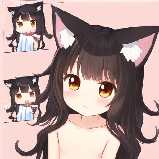  A cute Nekomimi, small, flat chest, big,, brown eyes, large,, and long wavy black hair