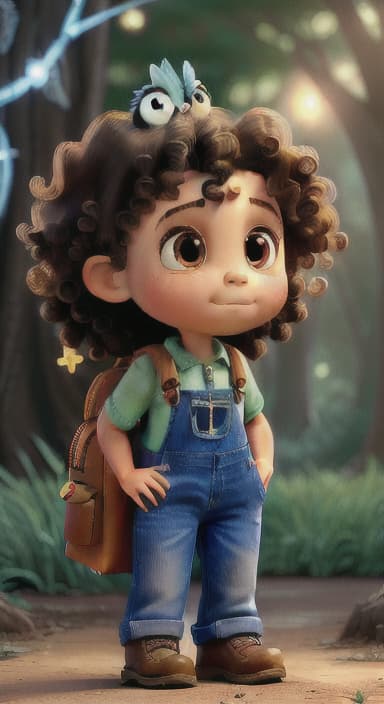  {The tree shining brightly and releasing a gentle, magical light., Riley, a curious with big brown eyes and curly hair, wearing overalls and carrying a small backpack. Their friend, Skye, a bluebird with shiny feathers.