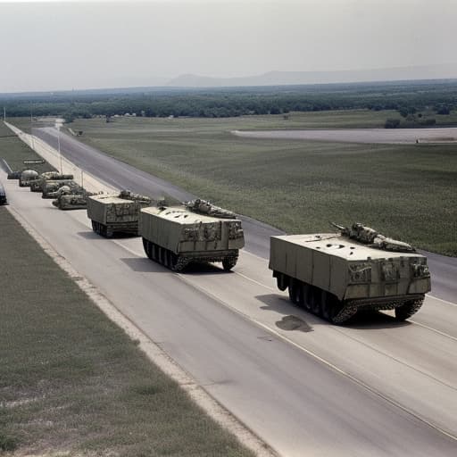  Image of colon of infantry fighting vehicles and military trucks crossing border (invasion) with aviation support (1960s)