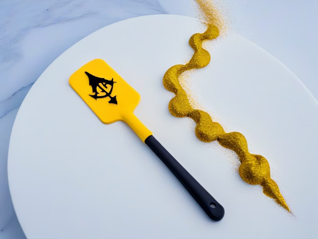  A minimalistic image of a sleek black baking spatula with the iconic lightning bolt symbol of Harry Potter engraved on the handle, resting on a marble countertop surrounded by scattered golden sprinkles and a dusting of edible glitter. hyperrealistic, full body, detailed clothing, highly detailed, cinematic lighting, stunningly beautiful, intricate, sharp focus, f/1. 8, 85mm, (centered image composition), (professionally color graded), ((bright soft diffused light)), volumetric fog, trending on instagram, trending on tumblr, HDR 4K, 8K