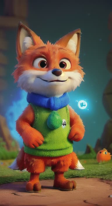  {Error the fox pressing the blue button with his paw, looking puzzled as nothing occurs., Error is a small, bright orange fox with a fluffy tail and big, inquisitive eyes. He has a mischievous yet kind expression and wears a tiny green scarf.