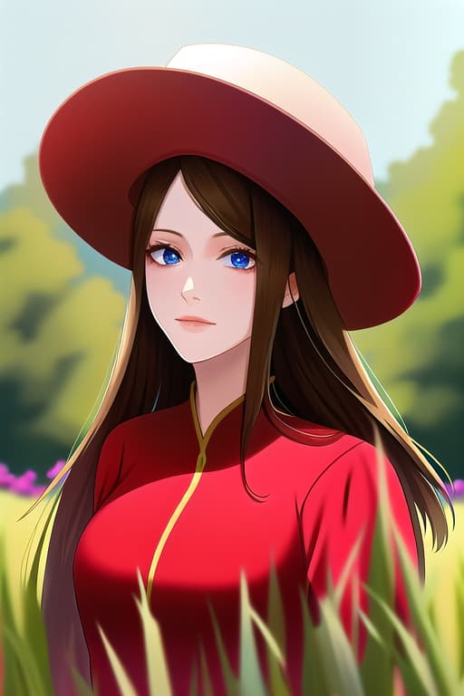  (adult:1.4), Country girl, on meadow, red shirt, famer hat, masterpiece, (detailed face), (detailed clothes), f/1.4, ISO 200, 1/160s, 4K, unedited, symmetrical balance, in-frame, masterpiece, perfect lighting, (beautiful face), (detailed face), (detailed clothes), 1 girl, (woman), 4K, ultrarealistic, unedited, symmetrical balance, in-frame