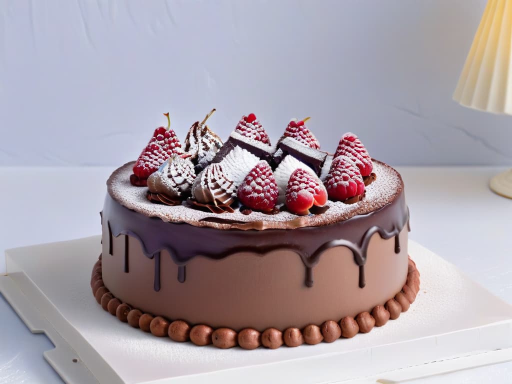  A closeup, photorealistic image of a decadent chocolate mousse cake being carefully removed from a frosty freezer, showcasing the intricate layers of rich chocolate mousse and velvety smooth ganache, with a glistening mirror glaze on top. The cake is elegantly decorated with delicate chocolate curls and fresh raspberries, set on a pristine white porcelain cake stand, surrounded by a light haze of frosty air, capturing the essence of perfectly frozen desserts. hyperrealistic, full body, detailed clothing, highly detailed, cinematic lighting, stunningly beautiful, intricate, sharp focus, f/1. 8, 85mm, (centered image composition), (professionally color graded), ((bright soft diffused light)), volumetric fog, trending on instagram, trending on tumblr, HDR 4K, 8K